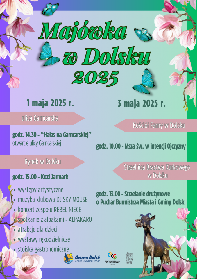 Plakat zapraszający do udziału w majówce w Dolsku - szczegóły w dalszej części artykułu