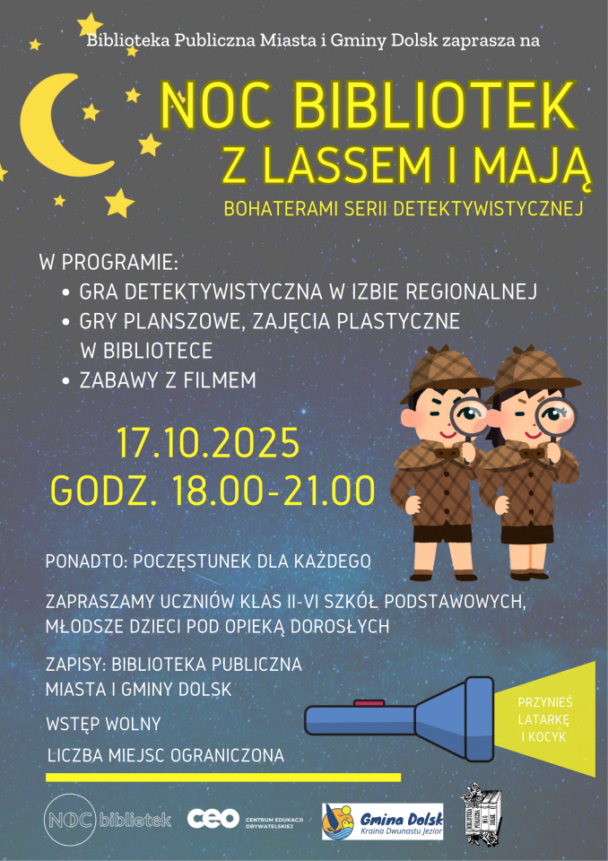Plakat z zaproszeniem na opisane w treści wydarzenie - noc bibliotek
