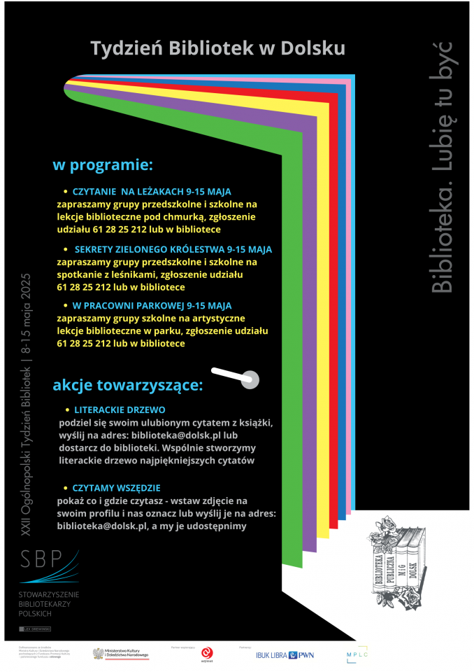Plakat zapraszający do udziału w tygodniu biblioteki w Dolsku